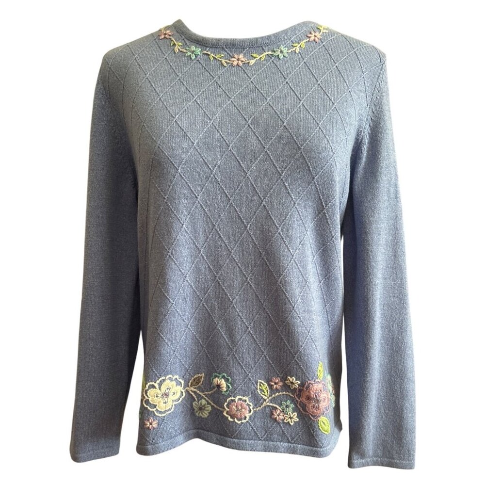 Alfred Dunner Womens Floral Embroidered Sweater Small Blue Cotton Acrylic Blend